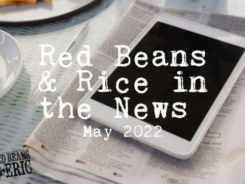 Main Graphic card for Red Beans and Rice in the News. It's a tablet on top of a newspaper.